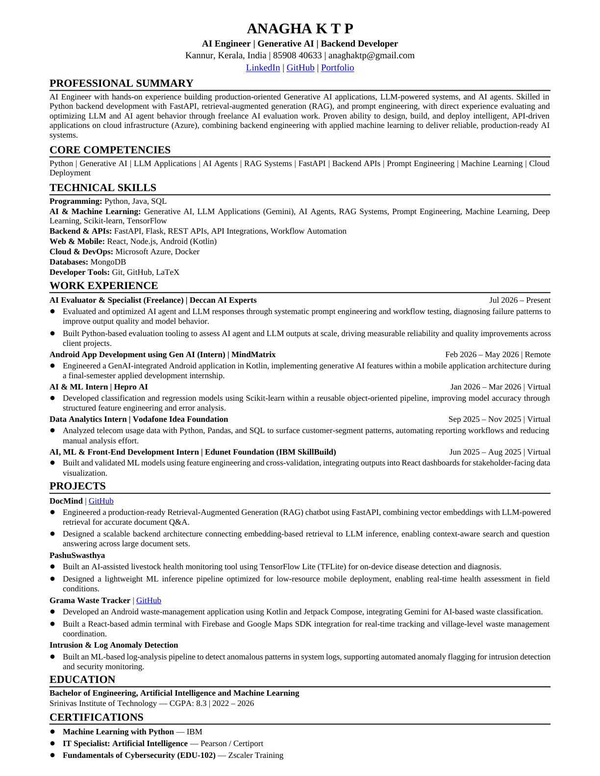 Preview of Anagha K T P AI Engineer Resume